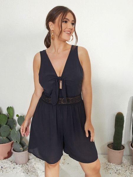 

plus knot front lace waist romper j2ki#, Black