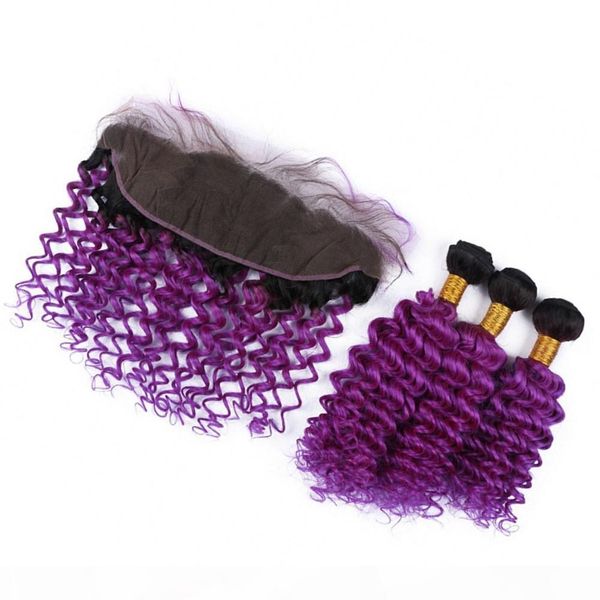

ombre purple virgin human hair weaves with lace frontal deep wave 1b purple ombre peruvian hair 3bundles with lace frontal closure 13x4, Black;brown
