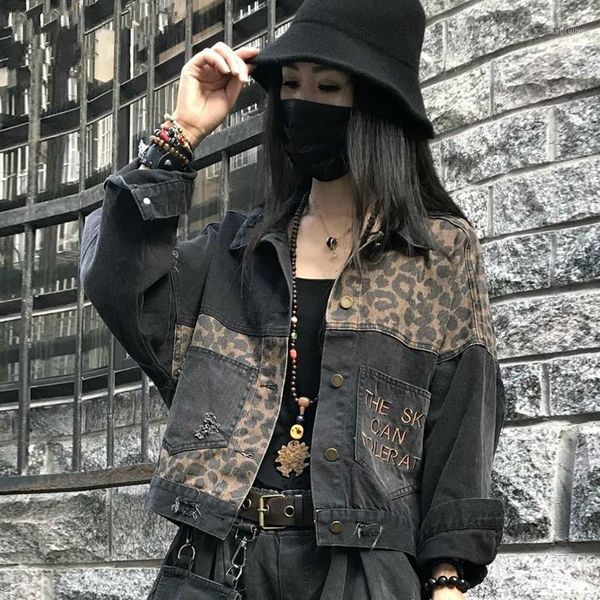 

streetwear vintage black leopard women denim jacket spring harajuku punk jean jackets coat autumn boyfriend loose pocket fashion1, Black;brown