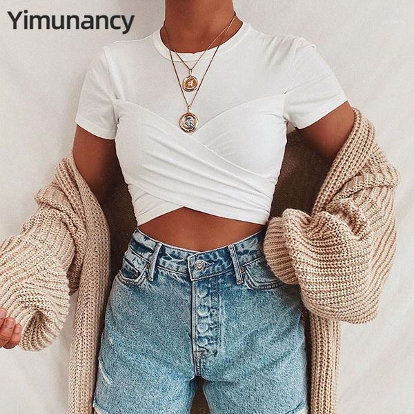 

yimunancy short sleeve crop women 2020 white wrap ladies o-neck summer bow tie1