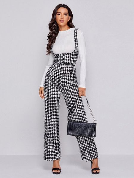 

button front houndstooth pinafore jumpsuit e3oh#, White