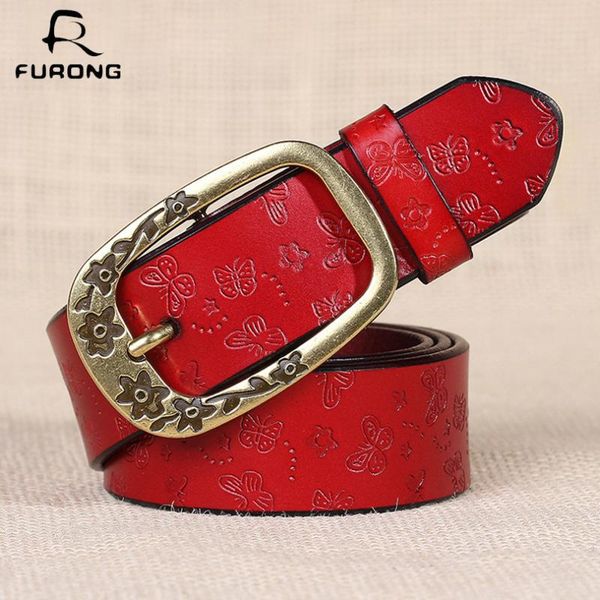 

fashion belt vintage women belt flower butterfly patter design fashion waist with pink buckle female real cow leather, Black;brown