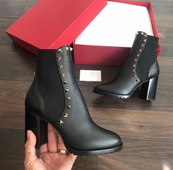 

original box] famous designer rock studs black grain leather ankle boots winter boots lady high heels classic booties party wedding eu35-43