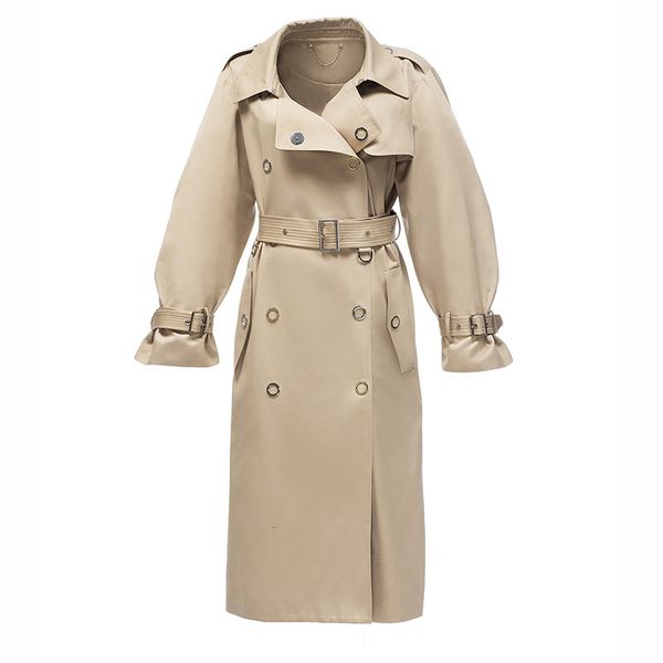 

2021 new coat with belt turn down collar drouble breasted women long trench femme abrigo streetwear rdt8, Tan;black