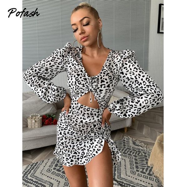 

pofash white leopard shirred dress women hollow out irregular ruffle hem bodycon skinny dresses spring v neck club vestidos, Black;gray