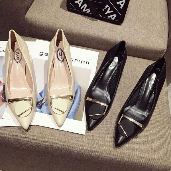 

spring new style korean-style metal buckle pointed shoes women's fashion leather shoes women's, Black