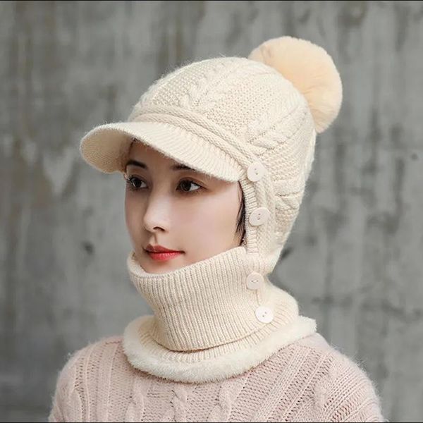 

beanie/skull caps women wool knitted hat ski sets for female windproof winter outdoor knit warm thick siamese scarf collar girl gift, Blue;gray