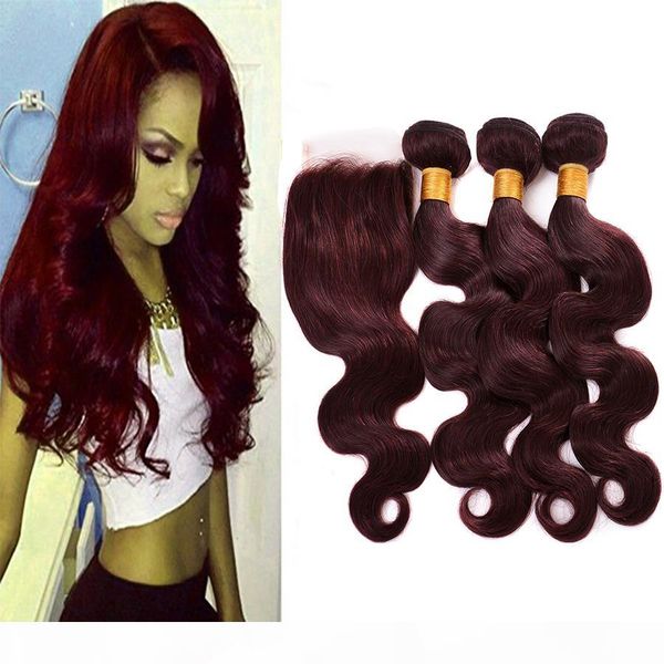

brazilian burgundy hair with lace frontal closure 4x4 inch body wave #99j wine red human hair bundles with ear to ear full frontals, Black;brown