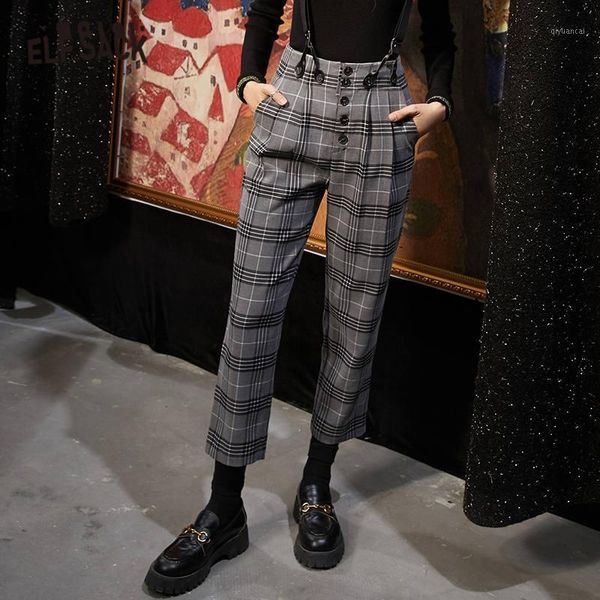 

elfsack gray plaid british straight casual women overall trousers,2020 autumn elf vintage high waist korean ladies daily bottom1, Black;white