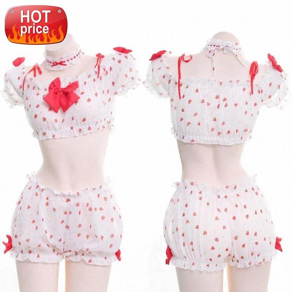 

anime style green pink striped strawberry women's lingerie 2pcs set bra & panties bikini tie version cute exotic apparel #lw7j, Black;white