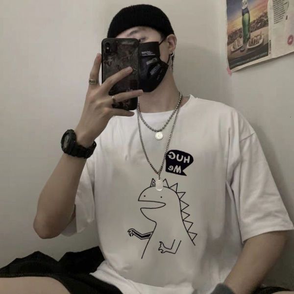 

little dinosaur short sleeve t-shirt men's loose fitting student's fashion korean spring and summer underpants youth top, White;black