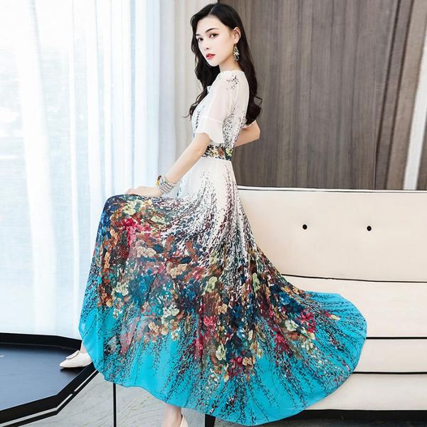 

casual dresses 2021 spring summer boho vacation chiffon maxi plus size print vintage runway dress elegant women bodycon party vestidos, Black;gray