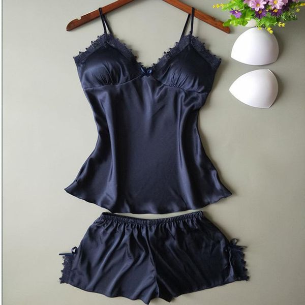 

women's sleepwear spring summer and fall silk sling shorts two piece suit female korean pajamas nv dai chest pad sleepwear, Black;red