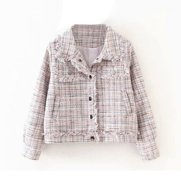 

fashion tassel tweed coats women patch designs long sleeve plaid jacket lady outerwear turn down collar casual abrigo mujer1, Black