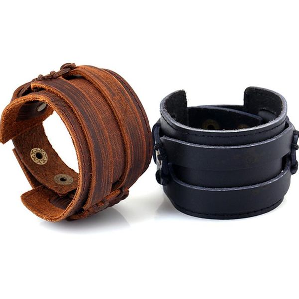

vintage genuine leather wide cuff men's bracelet punk hiphop ornament bangle male wristband new fashion jewelry accessories gift, Golden;silver