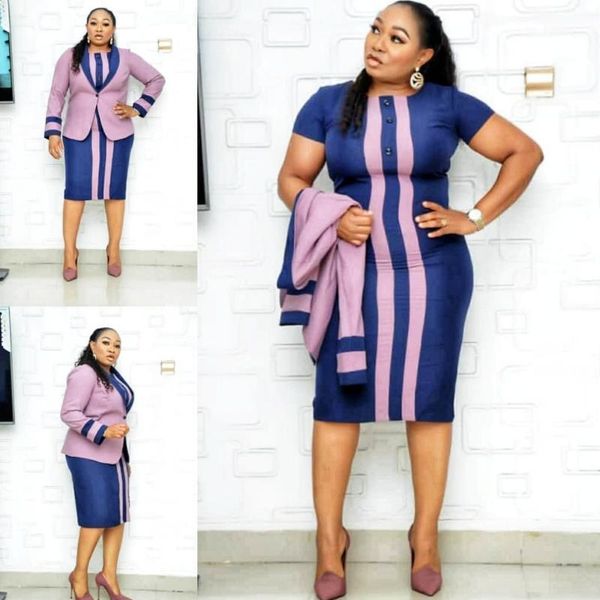 

two pieces set african clothes stripe print women dresses 2021 spring autumn office lady o-neck bodycon midi dress coat suit set1, Red
