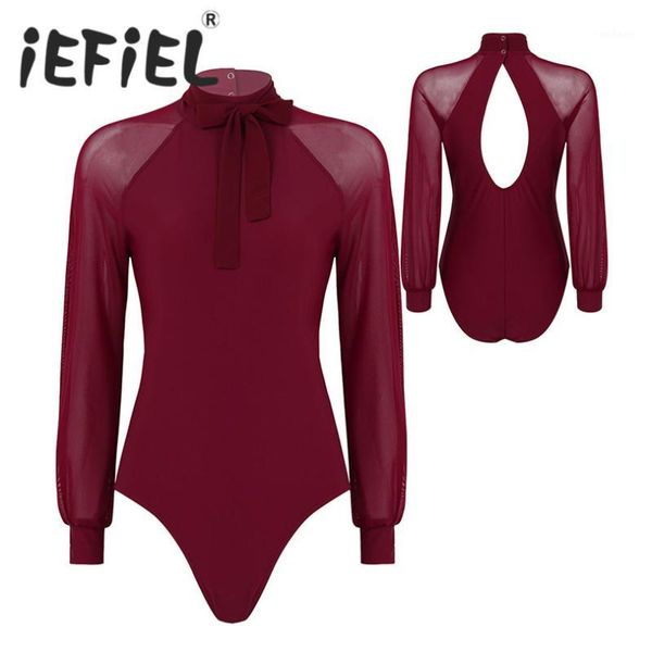 

women female adults mesh long sleeves cutout back ballet dance gymnastics leotard bodysuit ballet dancewear for performance1, Black;red