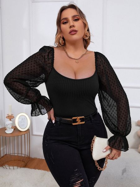 

plus swiss dot mesh flounce sleeve scoop neck a0vm#, Black