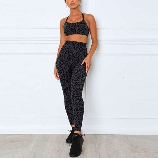 

leopard print suit exercise fitness new two piece yoga tights, Gray