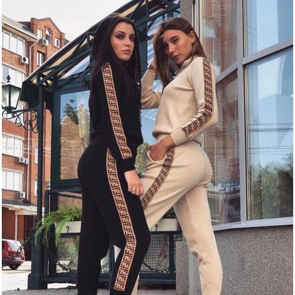 

2020 autumn winter 2-piece women's hoodies trousers stitching sportswear pullover sweatshirt trousers sportswear double f suit, Gray