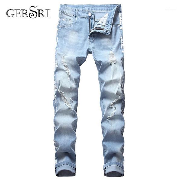 

gersri plus size 36 38 40 men jeans light blue men's ripped biker skinny jeans stretch elastic fashion pencil softener1
