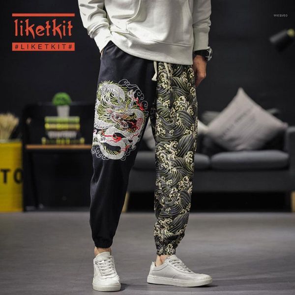 

liketkit mens winter harem pants 2019 patchwork chinese traditional dragon embroidery joggers male vintage thick cargo pants 5xl1, Black