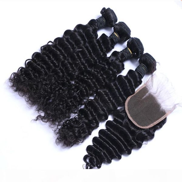 

raw virgin brazilian hair malaysian cambodian peruvian indian deep wave with closure brazilian hair bundles dyeable human hair, Black
