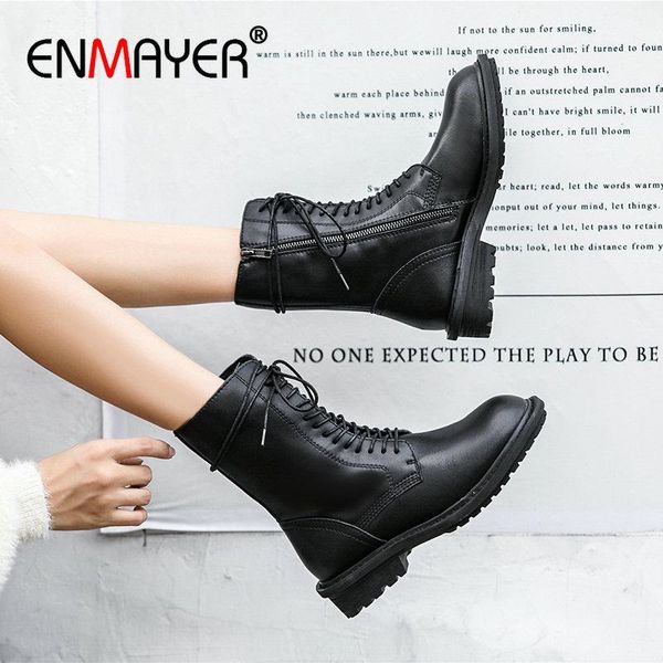 

enmayer 2020 winter shoes women round toe cool motorcycle boots genuine leather women boots mid-calf platform 35-39, Black