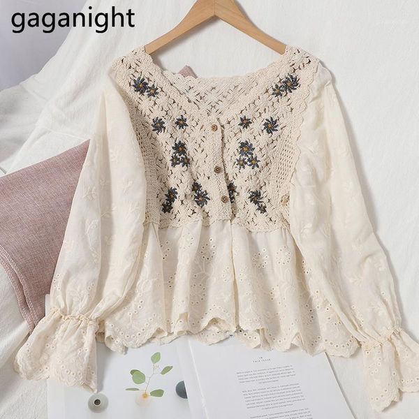 

gaganight casual loose women shirt v-neck floral embroidery hollow out flared sleeve blouse korean sweet fall for women1, White