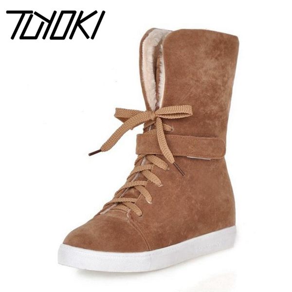 

tuyoki women half short snow boots lace up winter warm women's shoes new fashion round toe plush fur flats boots size 33-43, Black