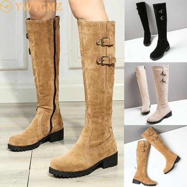 

thigh high boots fashion women pure color round toe zipper suede chunky heels boots vintage winter long tube shoes, Black