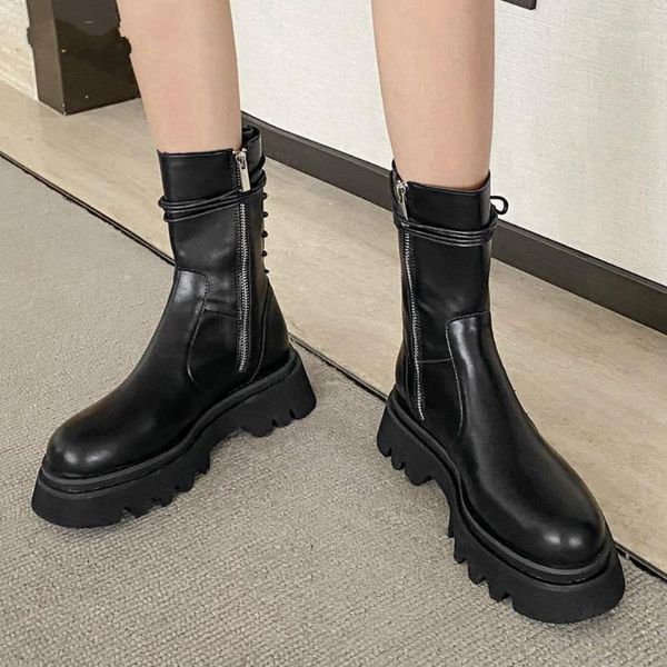 

brand new fashion leisure chunky heels zipper shoelaces winter shoes women motorcycles ankle boots female footwear mujer bota1, Black