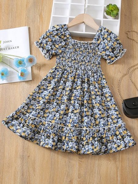 

toddler girls allover floral print frill square neck puff sleeve ruffle hem dress she, Red;yellow