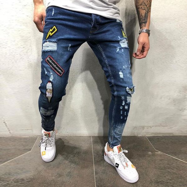 

2019 europe and america with holes men's cowboy badge embroidery labeling men's teenager elasticity skinny pants new style1, Blue