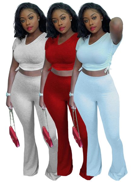 

spot 2021 european and american spring and summer solid color pleated and big flared trousers two-piece suit, White