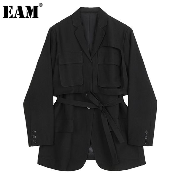 

[eam] women black pocket split big size blazer new lapel long sleeve loose fit jacket fashion tide spring autumn 1db693 201201, White;black