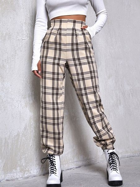 

high waist fold pleat tartan pants b1y3#, Black;white