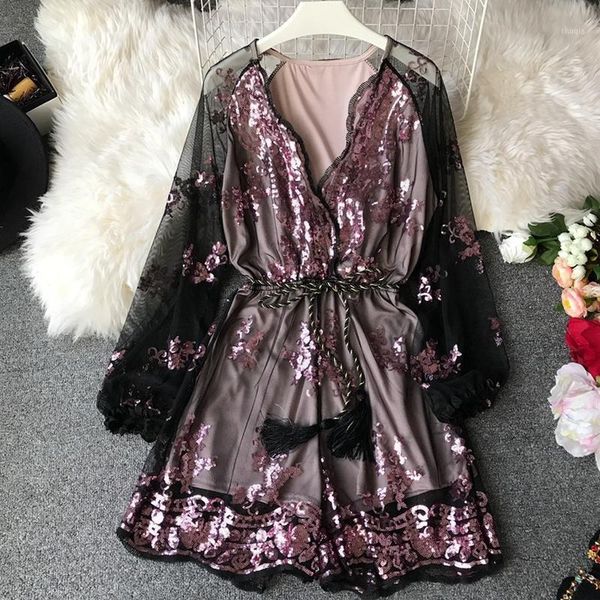 

2020 jumpsuit spring summer new bodysuits v-neck long sleeve sequin embroidery rompers temperament mesh gauze playsuits feminino1, Black;white
