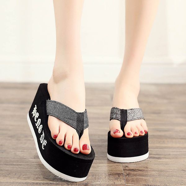 

slippers women wedges beach shoe indoor&outdoor non-slip slippers platform home slippers bathroom #v30, Black