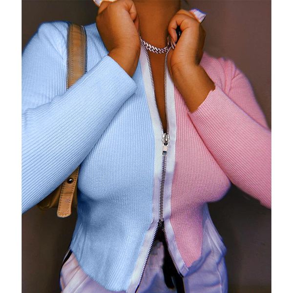 

autumn zip up long sleeve cropped cardigan pink blue patchwork knitted sweaters fall 2020 new fashion women clothing, White