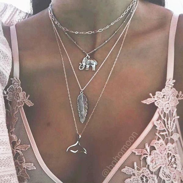 

pendant necklaces ethnic bohemian multilayer elephant feather fish tail women vintage fishtail mermaid necklace jewelry yn317, Silver