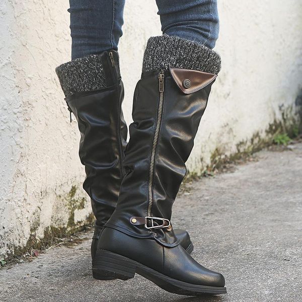

boots women knee high gladiator low heels autumn pu leather winter plus size shoes booties vintage shoe botas mujer h1801, Black