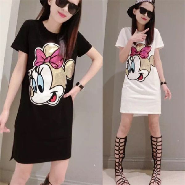 

b1kfg 2020 summer new sequins loose large size cartoon casual mid-length t-shirt sleeve short dress for dress dresssequins dresswomen wohmy, Black