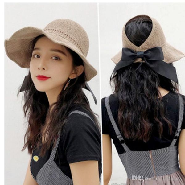 

summer folding straw hat fashion beach women sunscreen caps bow knot grass braid wide brim hats for lady, Blue;gray