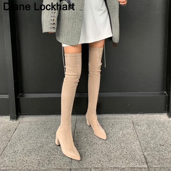 

sexy slim fit упругие flock над коленом boots женская обувь 2020 осень зима дамы высокий каблук выше колен длинные бедра высокие botas, Black