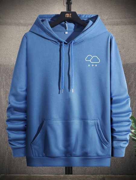 

men cloud & lightning print kangaroo pocket drawstring hoodie k1ni#, Black