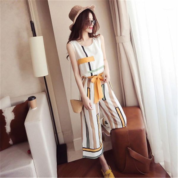 

2020 women summer sleeveless striped casual women two piece set work wide leg pants elegant chiffon office lady suit1, White