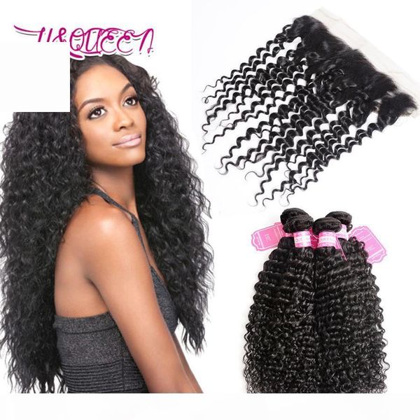 

peruvian human hair 3 bundles with 13 x 4 lace frontal pre plucked baby hair deep wave curly natural color, Black;brown