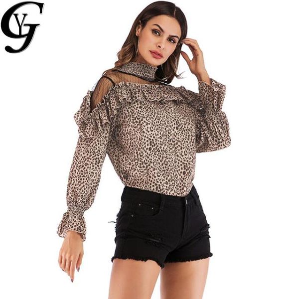 

yg mesh patchwork leopard shirts women off shoulder ruffle chiffon blouse women vintage stand collar tunique femme, White