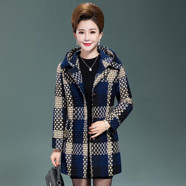 

women's wool & blends coat autumn winter 2021 fashion mother's outerwear slim thicken hooded coarse woolen long jacket female, Black